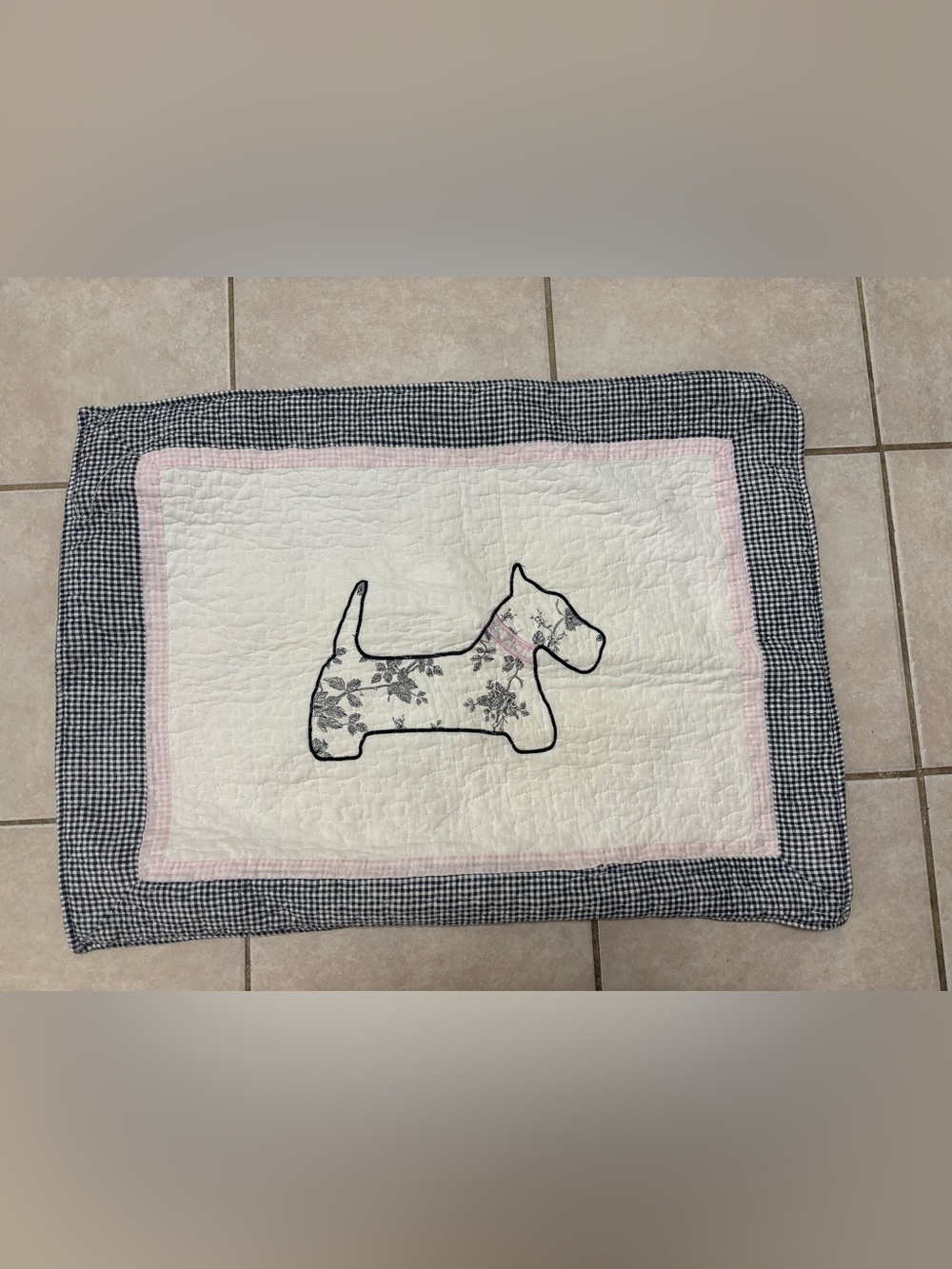 Scottish Terrier Applique Quilted Pillow Case- White with Black and Pink Accents